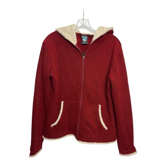 KUHL Apres Hoodie Woman’s Large Full Zip Alfpaca Fleece Shearling Jacket Red - Picture 1 of 9